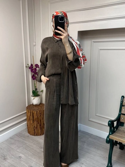 HNS HNS1112 Kahve Düğme Detaylı İkili Takım