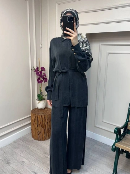 HNS HNS1112 Siyah Düğme Detaylı İkili Takım