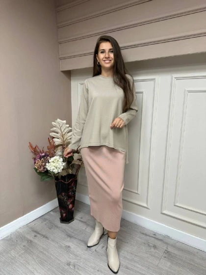 İnvee 5685 Pudra Triko Kalem Etek