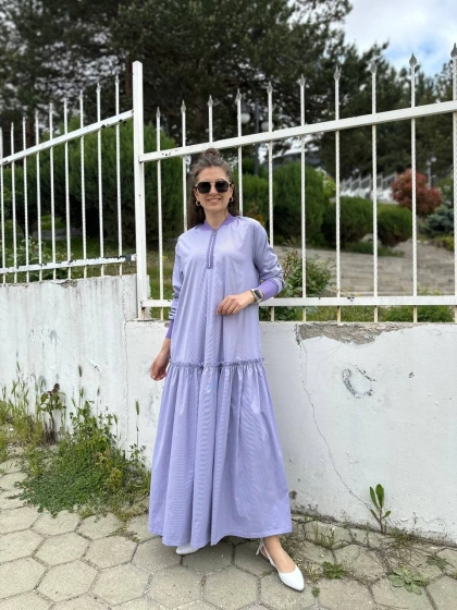 İnvee 6389 Lila Fırfır Detaylı Elbise