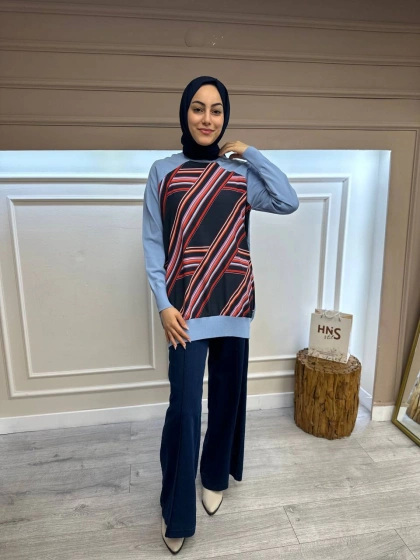 İnvee 6723 Mavi Önü Desenli Triko