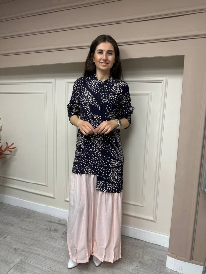 İnvee 6796 Siyah-Pembe Düğmeli Desenli Elbise