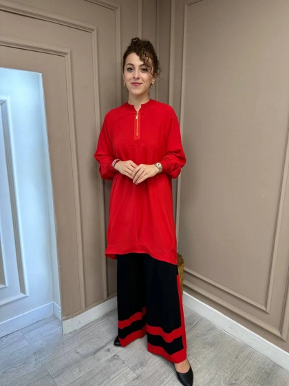 İnvee 6803 Siyah Kırmızı Şerit Detaylı Triko Pantolon