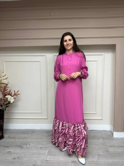 İnvee 6807 Fuşya Eteği Fırfırlı Elbise