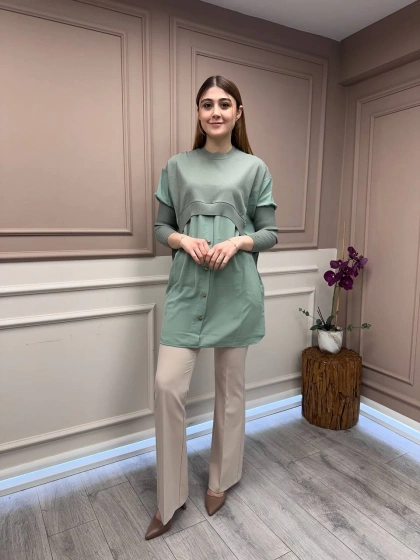 İnvee 6883 Mint Eteği Gömlek Detaylı Triko