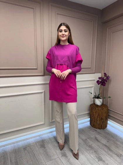 İnvee 6883 Vişne Eteği Gömlek Detaylı Triko