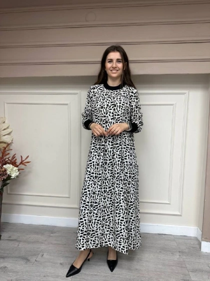 İnvee 6885 Ekru Desenli Elbise