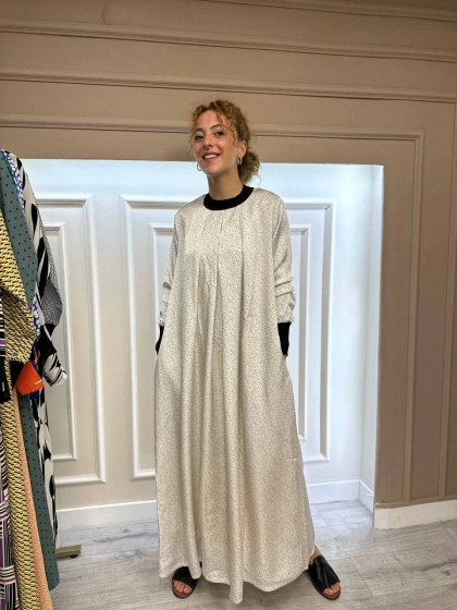 İnvee 6885 Ekru Nokta Desenli Elbise