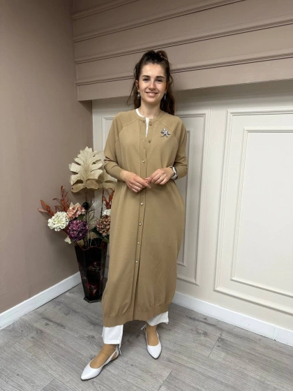 İnvee 6898 Camel Uzun Yusufçuk Triko Hırka