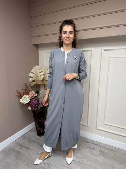 İnvee 6898 Gri Uzun Yusufçuk Triko Hırka