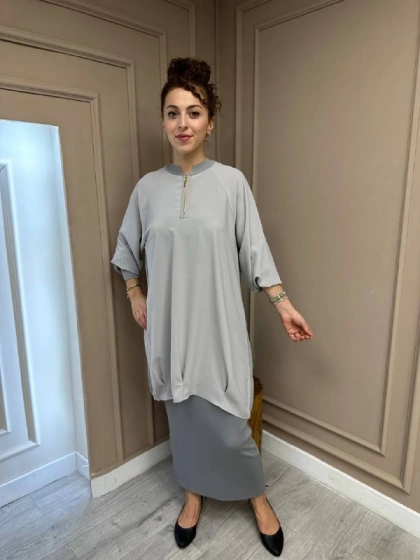 İnvee 6899 Gri Önü Şifon Arkası Triko