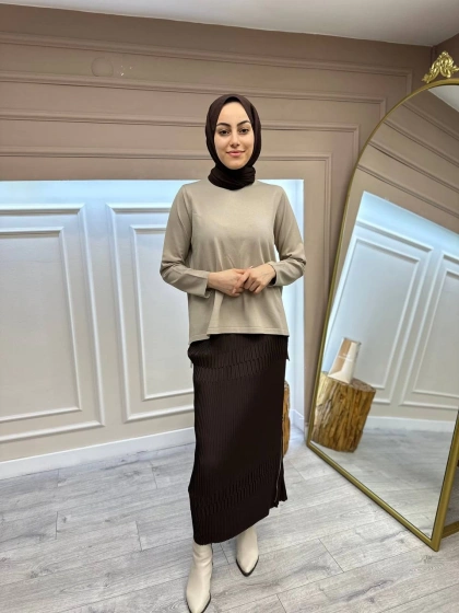 İnvee 6902 Bej Kolu Düz Önü Kısa Arkası Uzun Triko