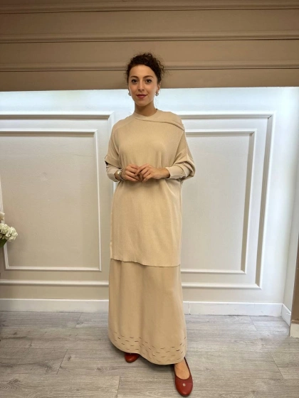 İnvee 6904 Fondöten Etek Ucu Yırtmaçlı Triko Etek