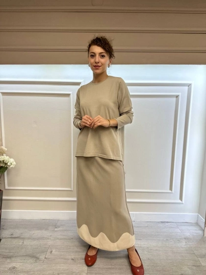 İnvee 6905 Taş İki Renkli Triko Etek