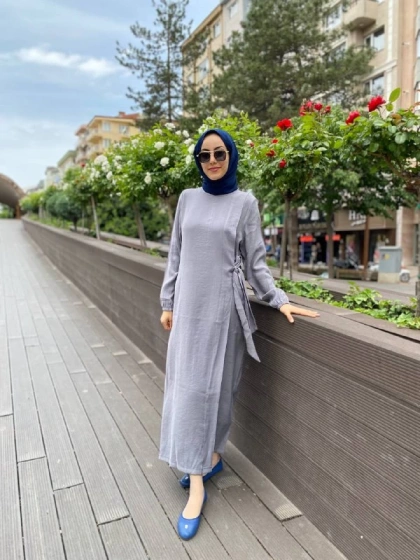 İnvee 6958 Gri Beli Bağlamalı Elbise