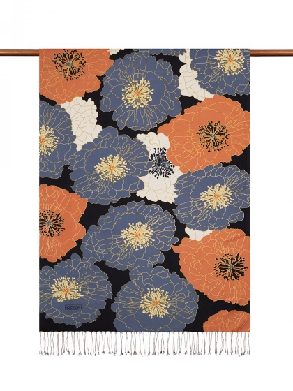 İpekevi 05197 Siyah Bakır Mavi Ortanca Sepeti Desenli İpek Şal