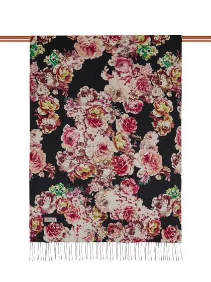 İpekevi 05932 Siyah Gül Deryası Desenli İpek Şal
