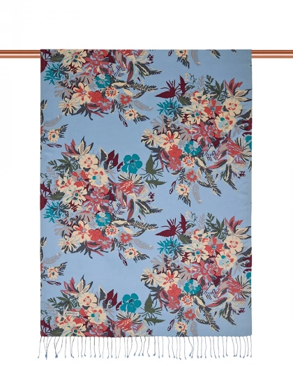 İpekevi 06108 Bebe Mavi Güz Çiçekleri Desenli İpek Şal