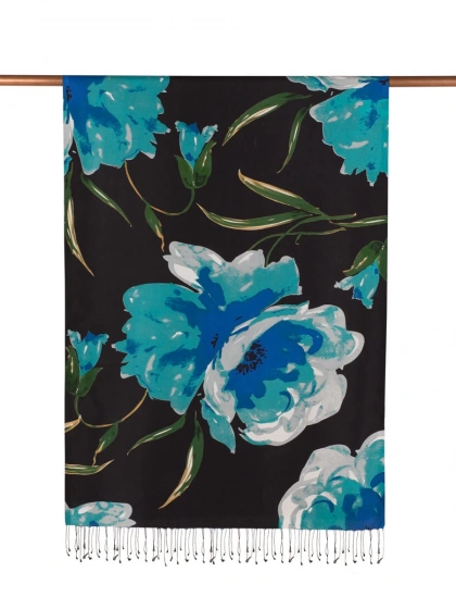 İpekevi 06422 Siyah Kır Gülü Desenli İpek Şal