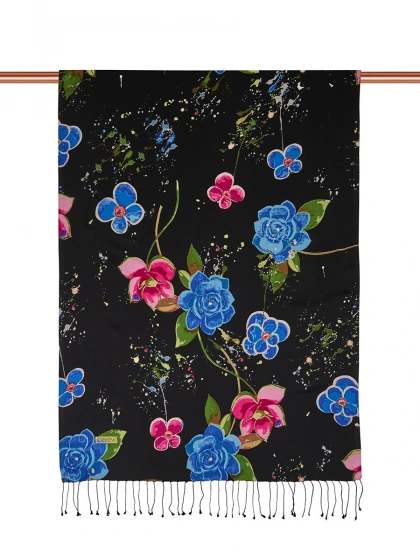 İpekevi 07165 Siyah Yaz Bahçesi Desenli İpek Şal