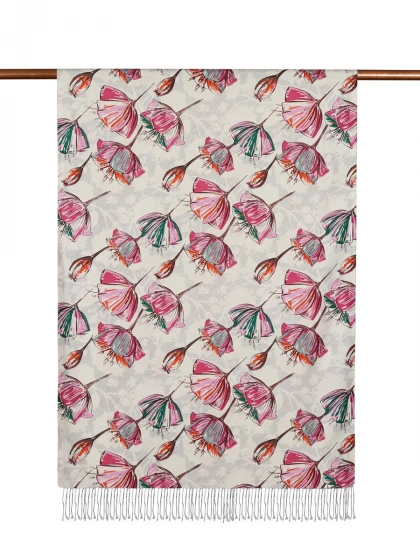 İpekevi 07797 Krem Fuşya Gardenia Desenli İpek Şal