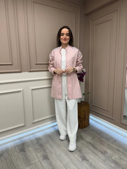 Lisa Exclusive 5040 Pembe Nakışlı Keten Ceket