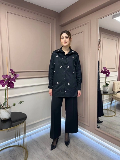 Lisa Exclusive 5052 Siyah Taş İşlemeli Gömlek