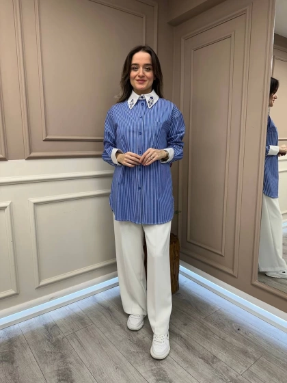 Lisa Exclusive 5072 Mavi Yaka İşlemeli Gömlek
