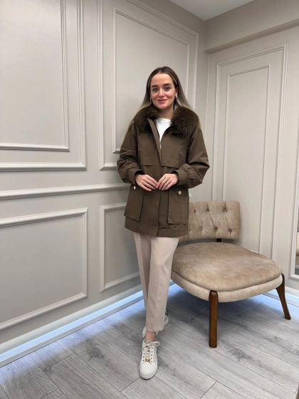 Lisa Exclusive 6030 Kahve Kürklü Trençkot
