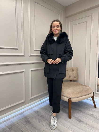 Lisa Exclusive 6030 Siyah Kürklü Trençkot