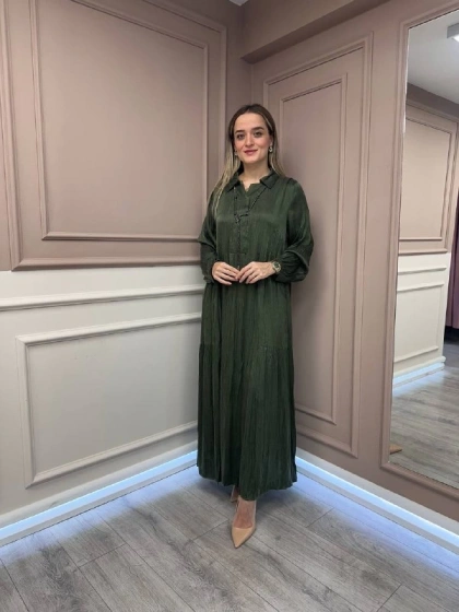 Lissmore 5793 Haki Yaka Detaylı Elbise