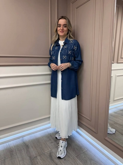 Magazin 7250 Koyu Mavi Taşlı Tensel Tunik