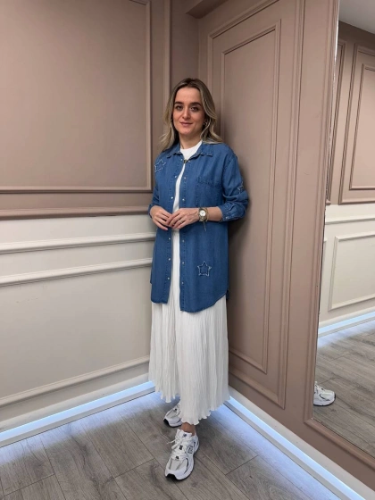 Magazin 7343 Açık Mavi Yıldız Detaylı Tensel Tunik