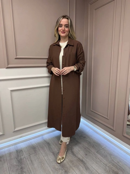 Magazin 7390 Kahve Keten Uzun Tunik