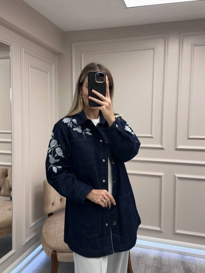 Magazin 7426 Koyu Lacivert Çiçek Desenli Kot Ceket