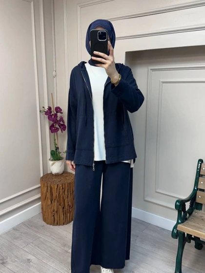 Magazin 7433 Lacivert Önü Fermuarlı Tensel Kot Takım