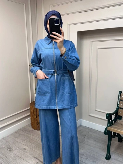 Magazin 7443 Açık Mavi Kemerli Tensel Takım