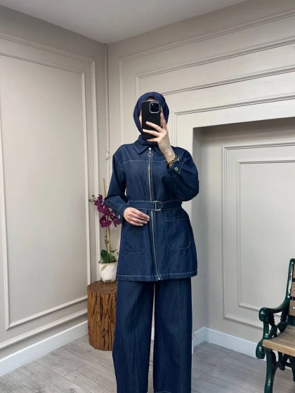 Magazin 7443 Koyu Mavi Kemerli Tensel Takım