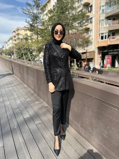 Matex 24Y01147223 Siyah Payetli Ceket Pantolon Takım