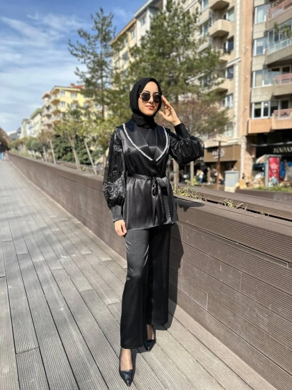 Matex 24Y01167161 Siyah Organze Ceket Pantolon Takım