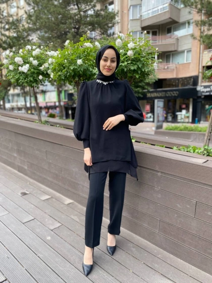 Matex 24Y01787076 Siyah Yakası Taşlı Pantolonlu Takım