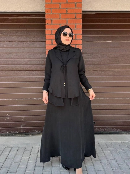 Miss Dalida 2260262 Siyah Bağlama Detaylı Keten Ceket - Elbise Takımı