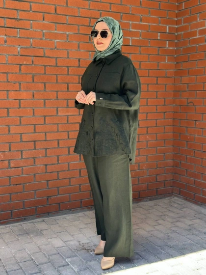 Miss Dalida 2263251 Haki Nakış İşlemeli Keten Gömlek