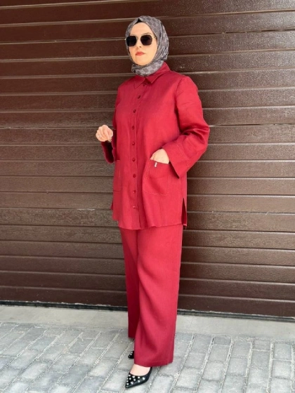 Miss Dalida 2263256 Cherry Minimal Nakışlı Cepli Keten Gömlek
