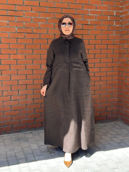 Miss Dalida 2264260 Kahverengi Önü Cepli Basic Keten Elbise