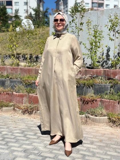 Miss Dalida 2264351 Camel Gömlek Yaka İpek Keten Uzun Elbise