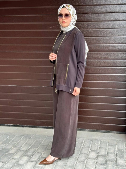 Miss Dalida T26Y8203 Kakao Fermuarlı Cupro Detaylı Triko Ceket
