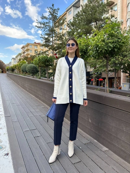 Missemramiss H4590 Lacivert Modello Çizgili Triko Hırka