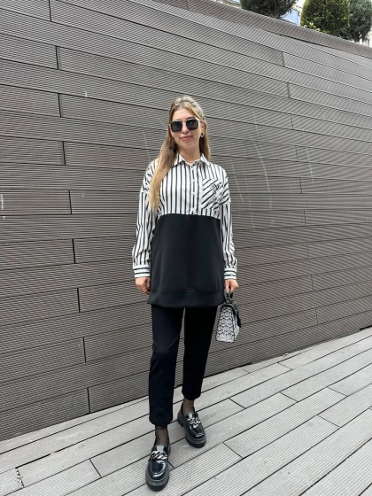 Missemramiss S4661 Siyah Gömlek Garni İşlemeli Sweat