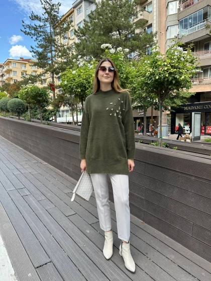 Missemramiss T4572 Haki Maglione Angora Kazak